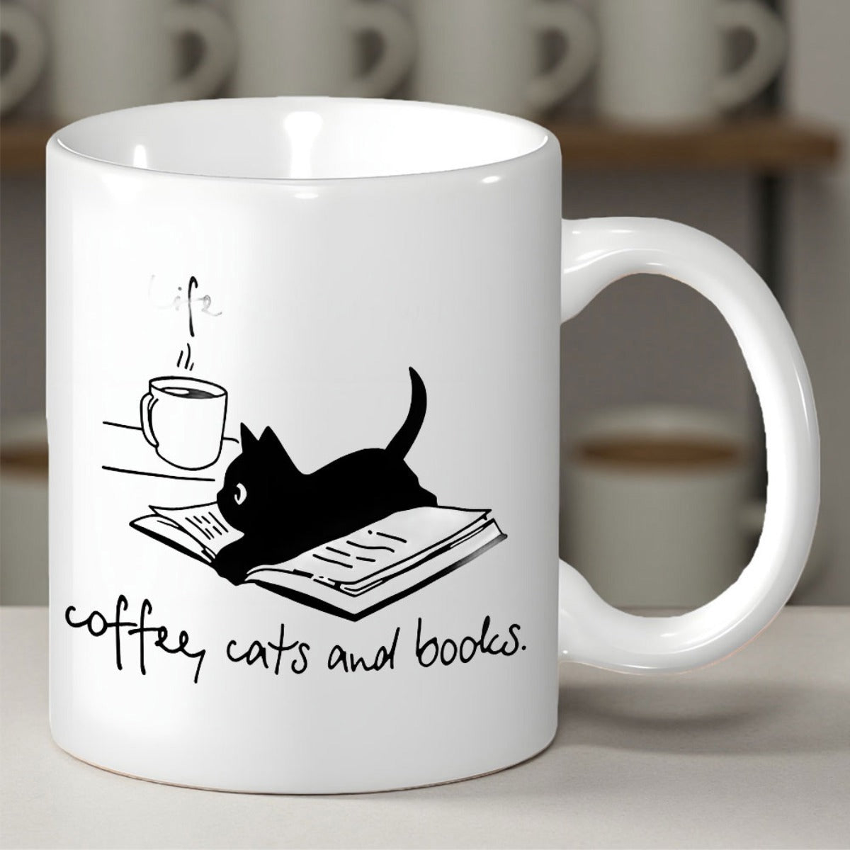 Tailorly White Ceramic 11 oz Mug - Coffee Cats And Books Minimalist Black Silhouette Resting On Open Book With Feline Cat