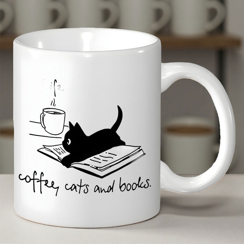 Tailorly White Ceramic 11 oz Mug - Coffee Cats And Books Minimalist Black Silhouette Resting On Open Book With Feline Cat