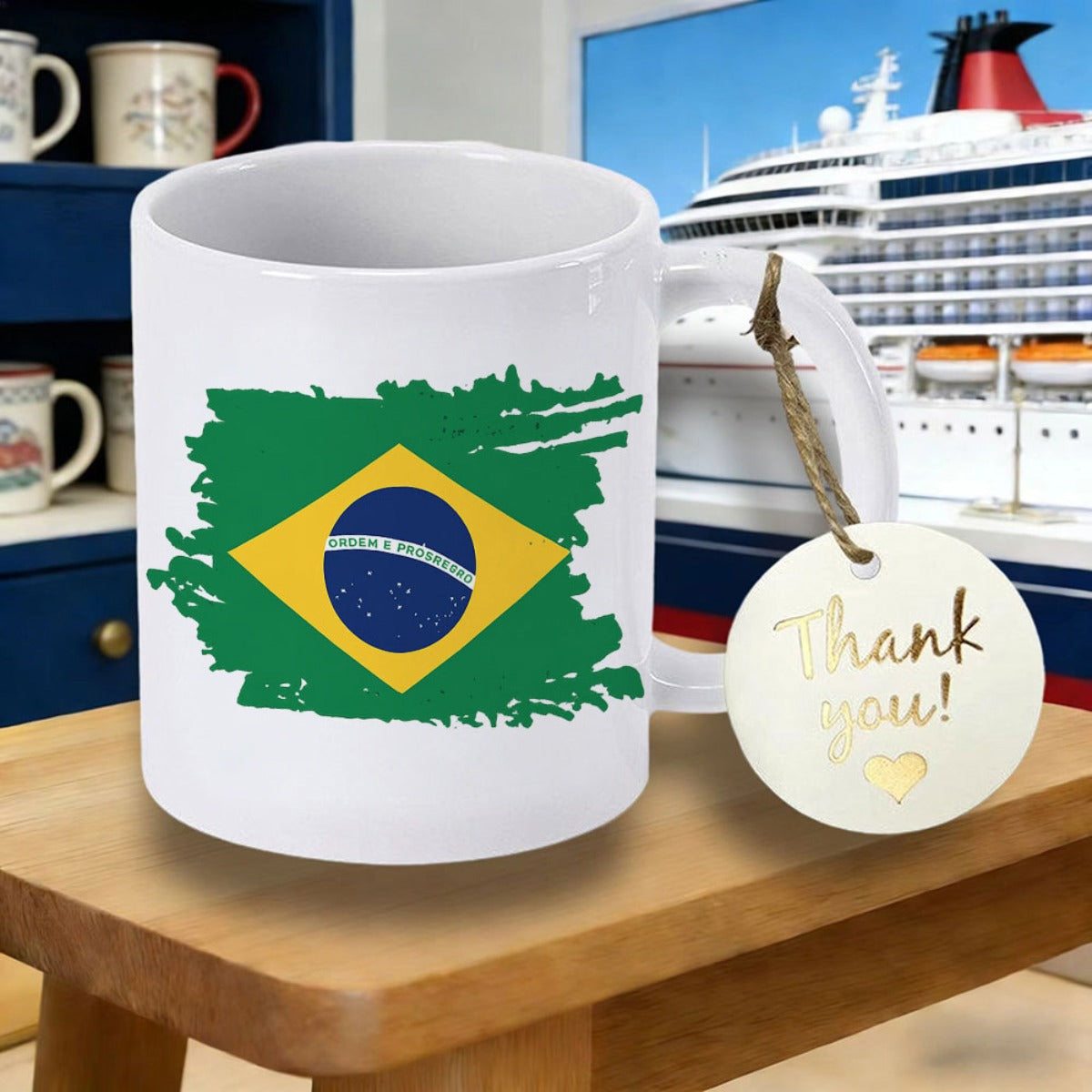 Tailorly White Ceramic 11 oz Mug - Distressed Artistic Brushstroke Style Representing Brazilian Heritage National Pride Flag