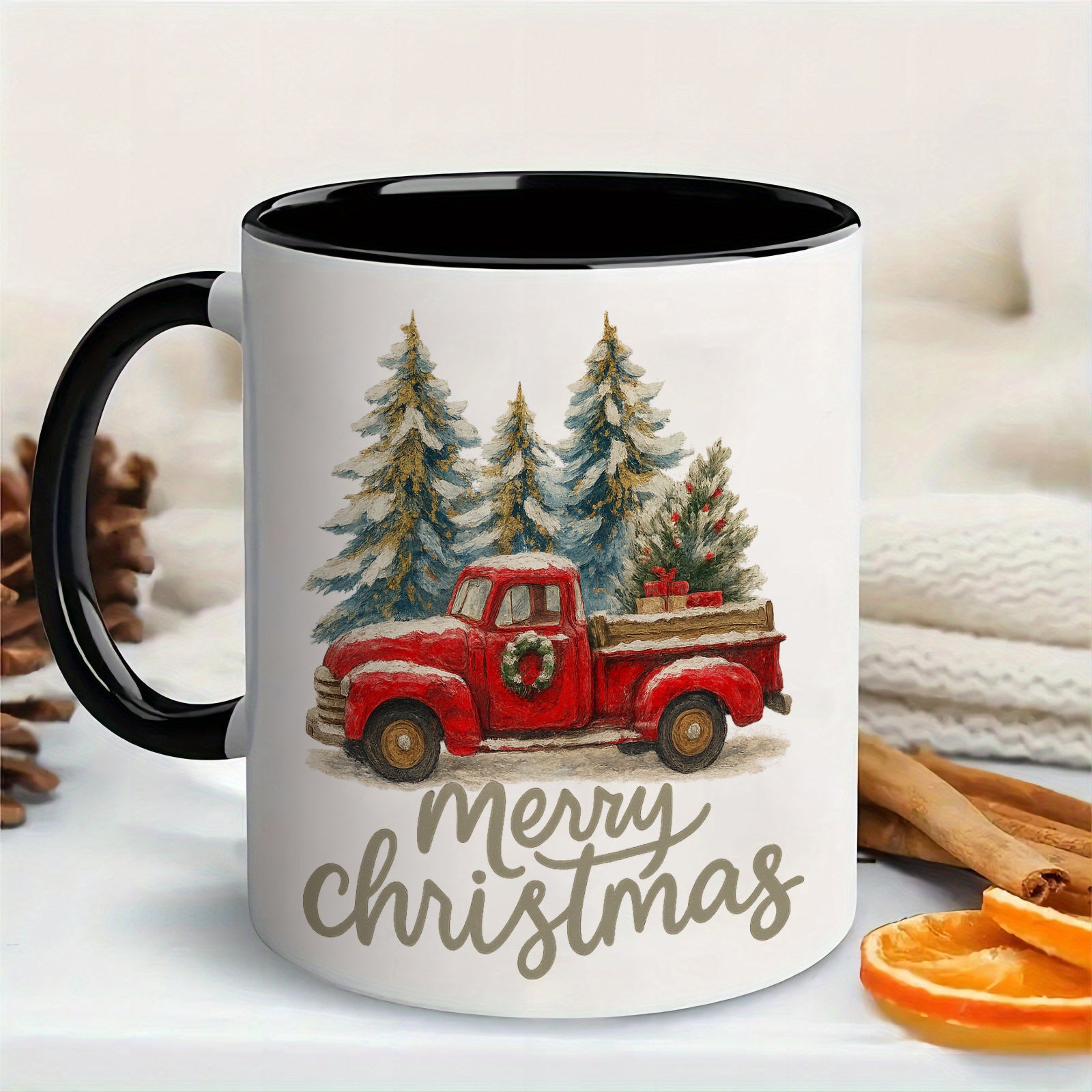 Tailorly Black Accent 11 oz Mug - vintage christmas truck with red pickup and snowy pine trees