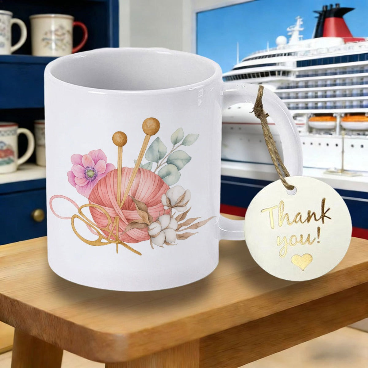 Tailorly White Ceramic 11 oz Mug - Cozy Pink Yarn Ball With Knitting Needles And Floral Accents Yarn