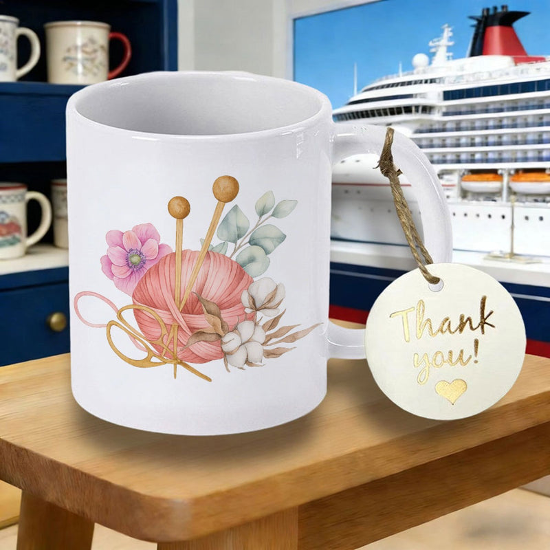 Tailorly White Ceramic 11 oz Mug - Cozy Pink Yarn Ball With Knitting Needles And Floral Accents Yarn