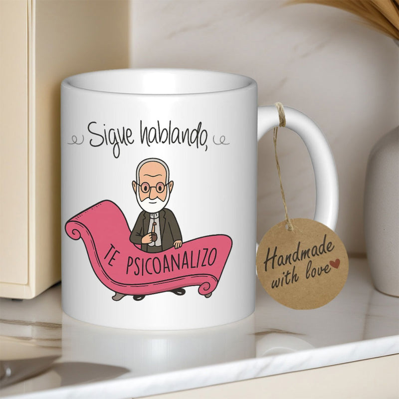 Tailorly White Ceramic 11 oz Mug - Handmade With Love Cartoon Character Standing Behind A Pink Couch In Minimalist Style Psychoanalyst
