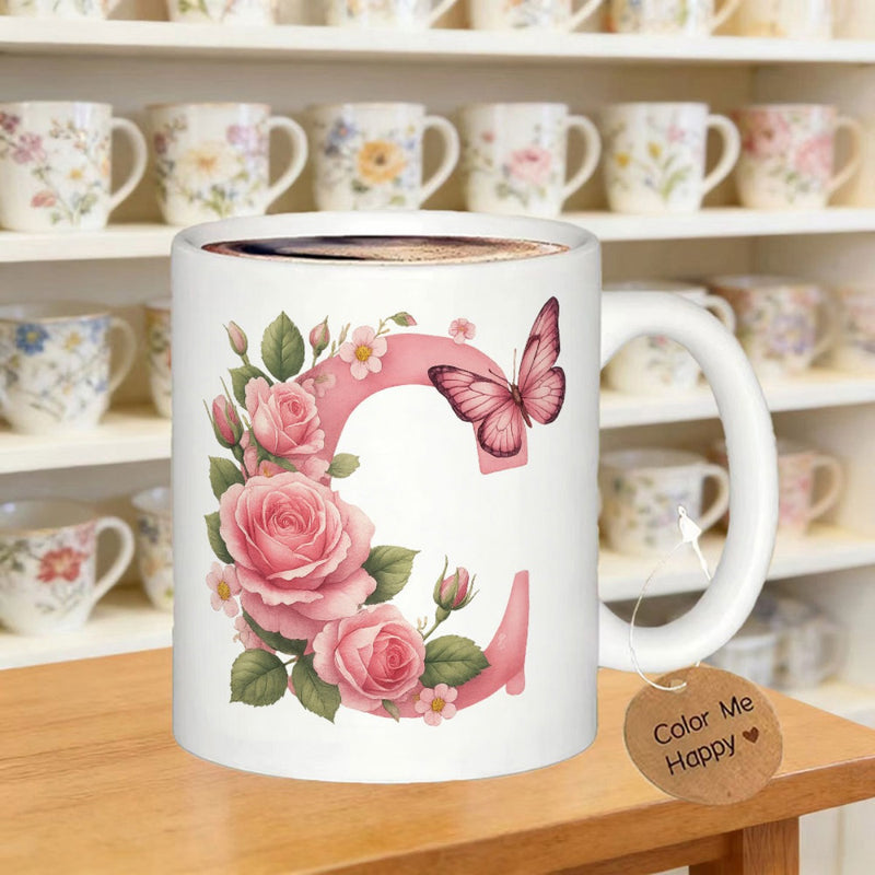 Tailorly White Ceramic 11 oz Mug - Color Me Happy Elegant Pink Letter C Decorated With Blooming Roses And A Butterfly Mug