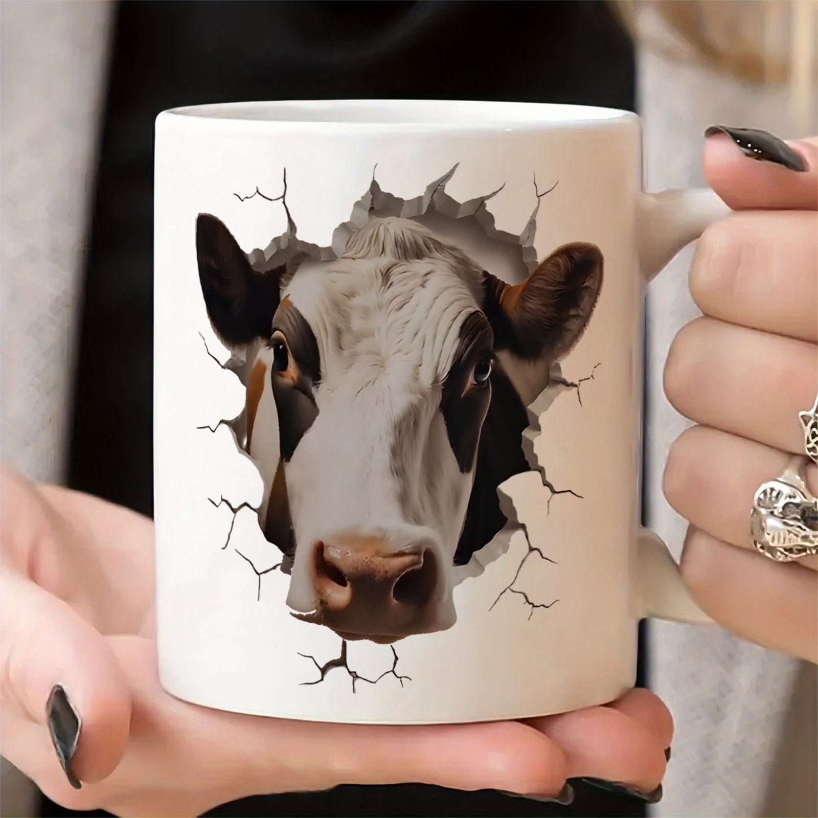 Tailorly White Ceramic 11 oz Mug - Realistic Spotted Farm Animal Peeking Through A Broken Wall Effect Cow