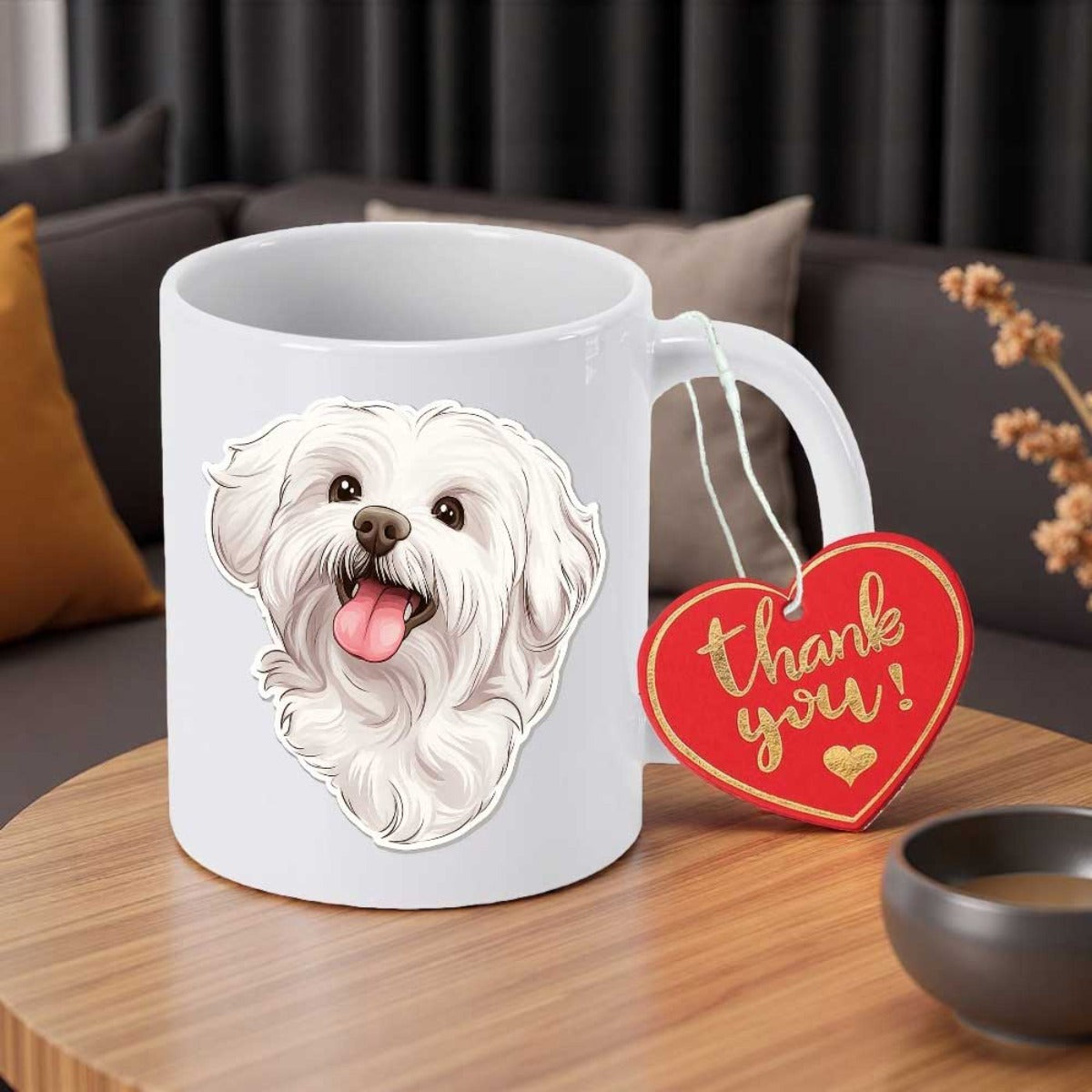 Tailorly White Ceramic 11 oz Mug - Thank You Adorable Fluffy White Portrait With Long Fur Smiling And Sticking Out Tongue Dog