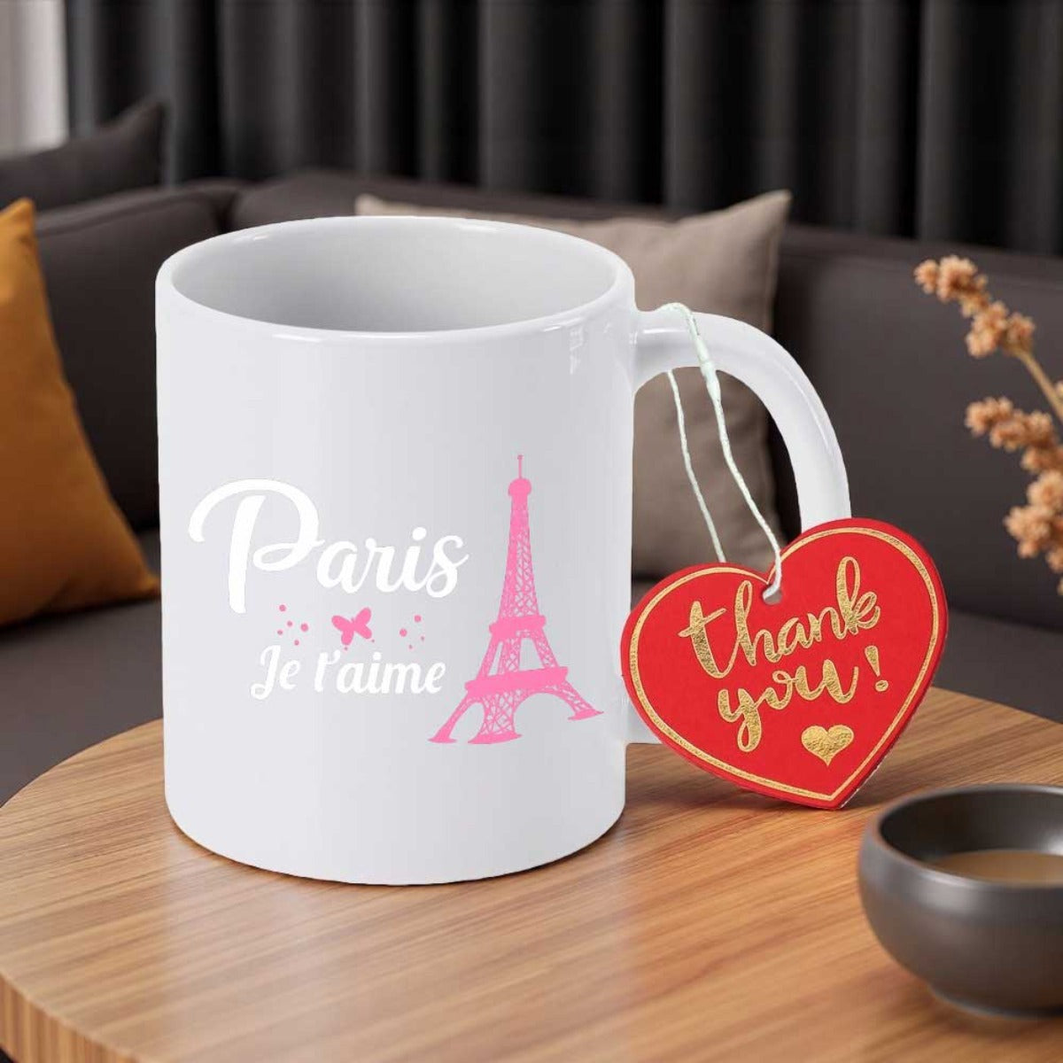 Tailorly White Ceramic 11 oz Mug - Paris Thank You Elegant Pink Landmark Silhouette Standing Beside Romantic Artistic Script Tower