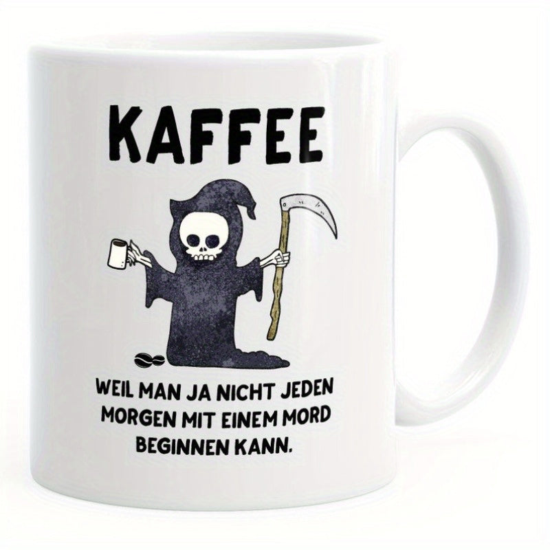 Tailorly White Ceramic 11 oz Mug - Whimsical Cartoon Skeleton Holding Scythe And Steaming Mug Of Morning Coffee Grim Reaper