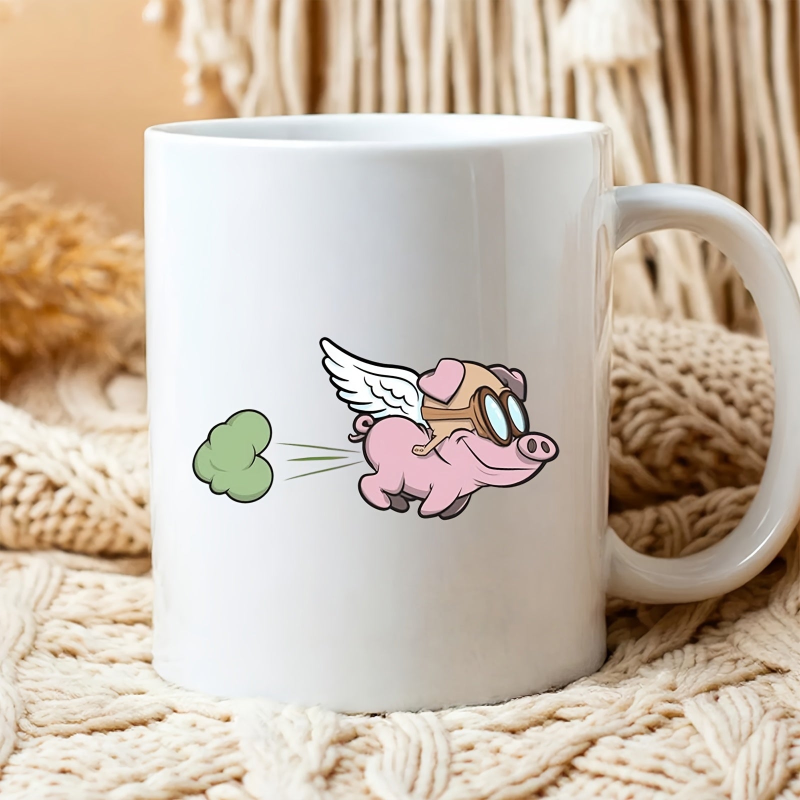 Tailorly White Ceramic 11 oz Mug - Cute Cartoon Flying Pink Pig Wearing Goggles With Green Gas Cloud Pig