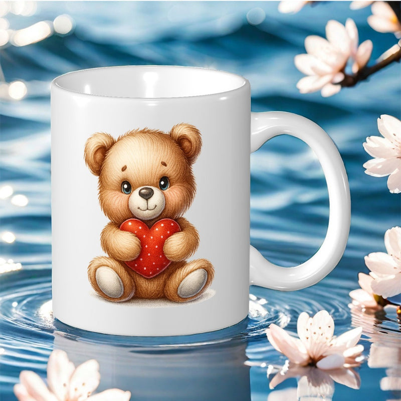 Tailorly White Ceramic 11 oz Mug - Sweet Brown Plush Cub Holding A Small Red Dotted Heart Teddy Bear