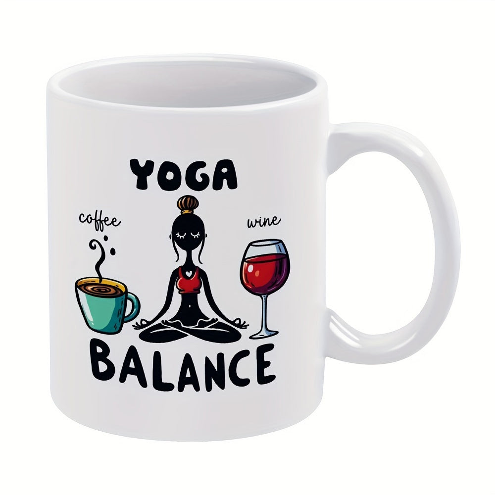 Tailorly White Ceramic 11 oz Mug - Yoga Coffee Wine Balance Peaceful Meditating Silhouette Between Hot Coffee And Red Wine Yoga Person