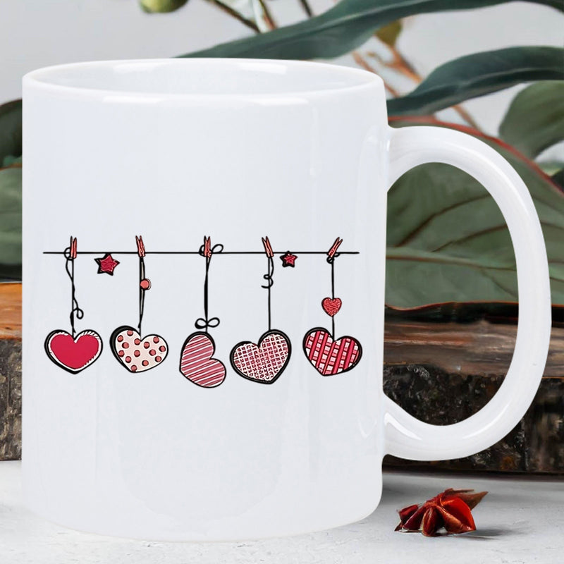 Tailorly White Ceramic 11 oz Mug - Red And Pink Patterned Shapes Hanging From A String With Tiny Stars Hearts