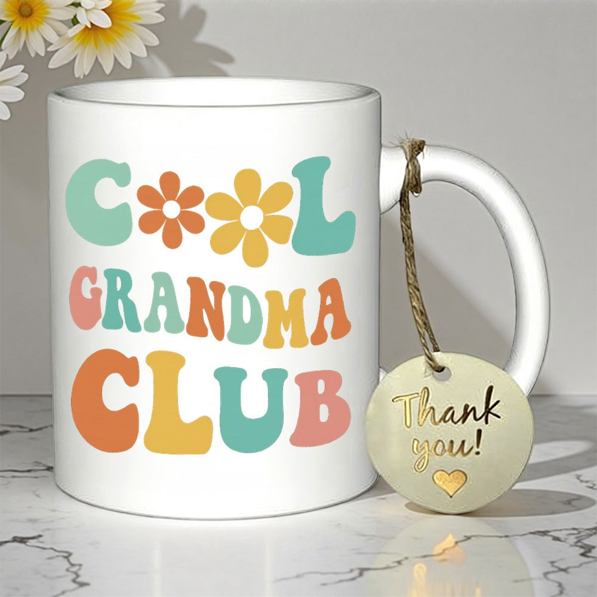 Tailorly White Ceramic 11 oz Mug - Cool Grandma Club Retro Vibrant Flowers In A Playful Groovy Aesthetic Design Mug