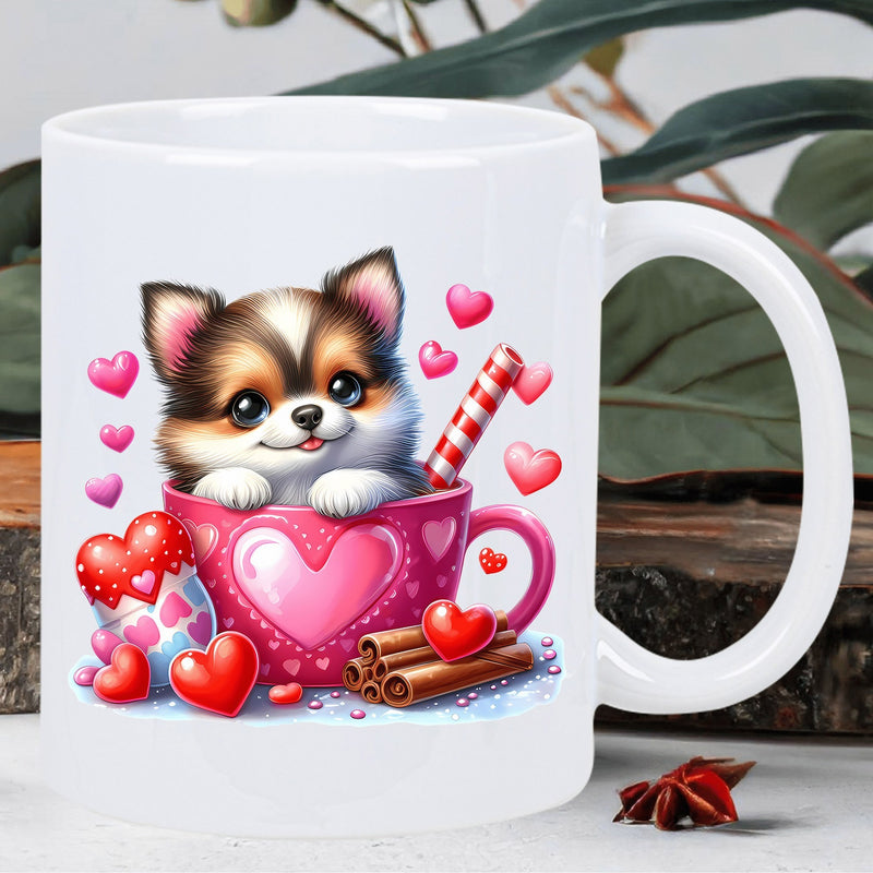 Tailorly White Ceramic 11 oz Mug - Adorable Small Dog Tucked Inside Decorative Pink Heart Cup Festive Puppy