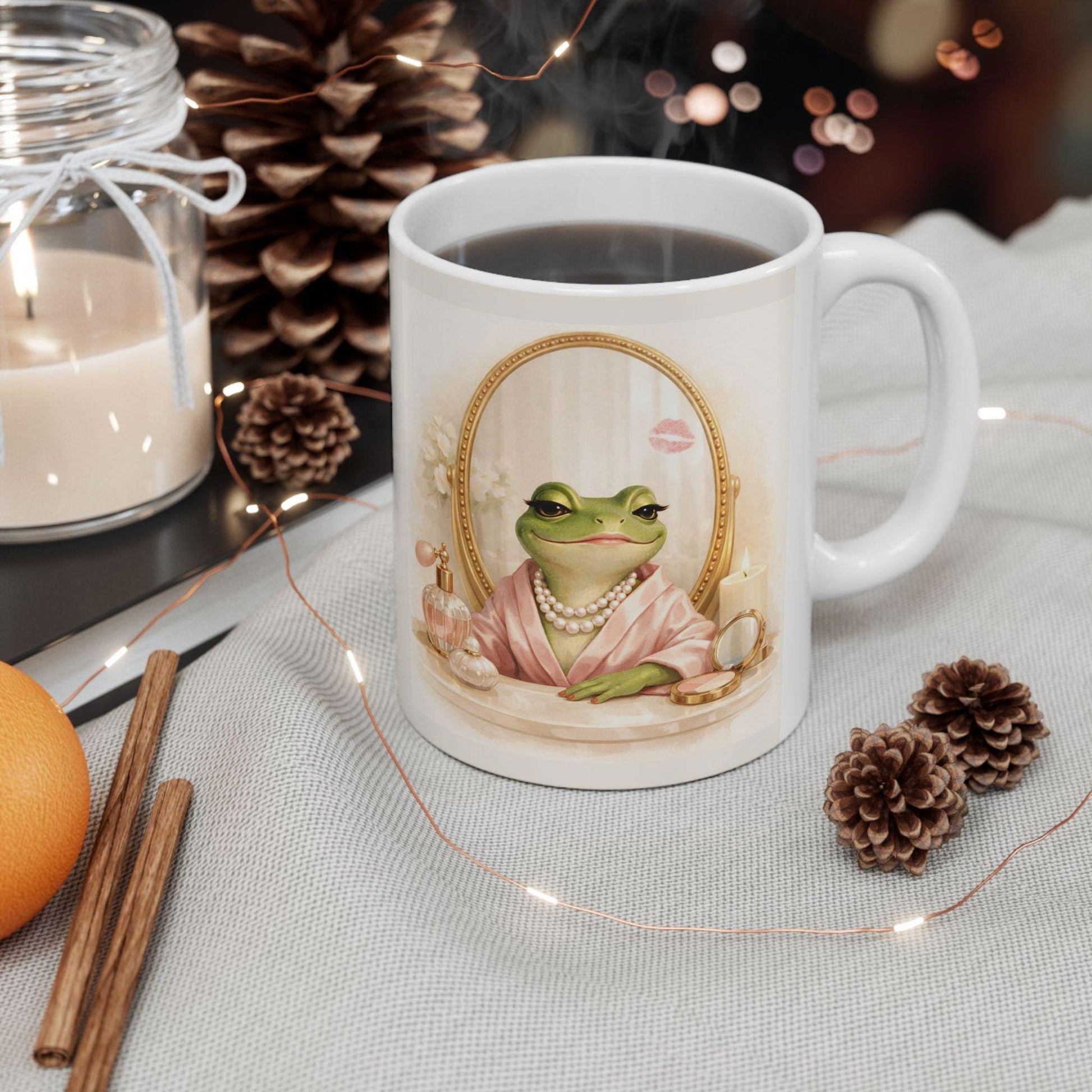 Tailorly White Ceramic 11 oz Mug - Whimsical Green Frog Wearing Pink Bathrobe And Pearls Within Golden Frame Frog
