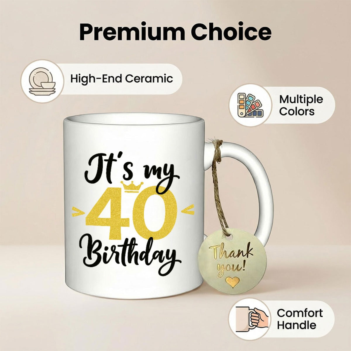 Tailorly White Ceramic 11 oz Mug - Its My 40 Birthday White Ceramic Material With Elegant Cursive Script And Golden Crown Icon Mug