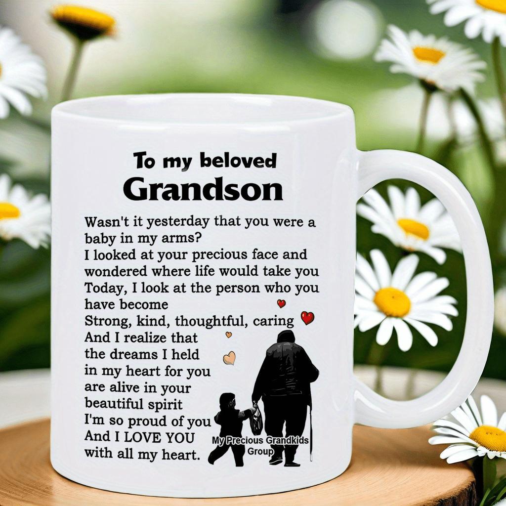 Tailorly White Ceramic 11 oz Mug - To My Beloved Grandson Silhouette Of Elderly Figure Walking Beside A Small Child Mug
