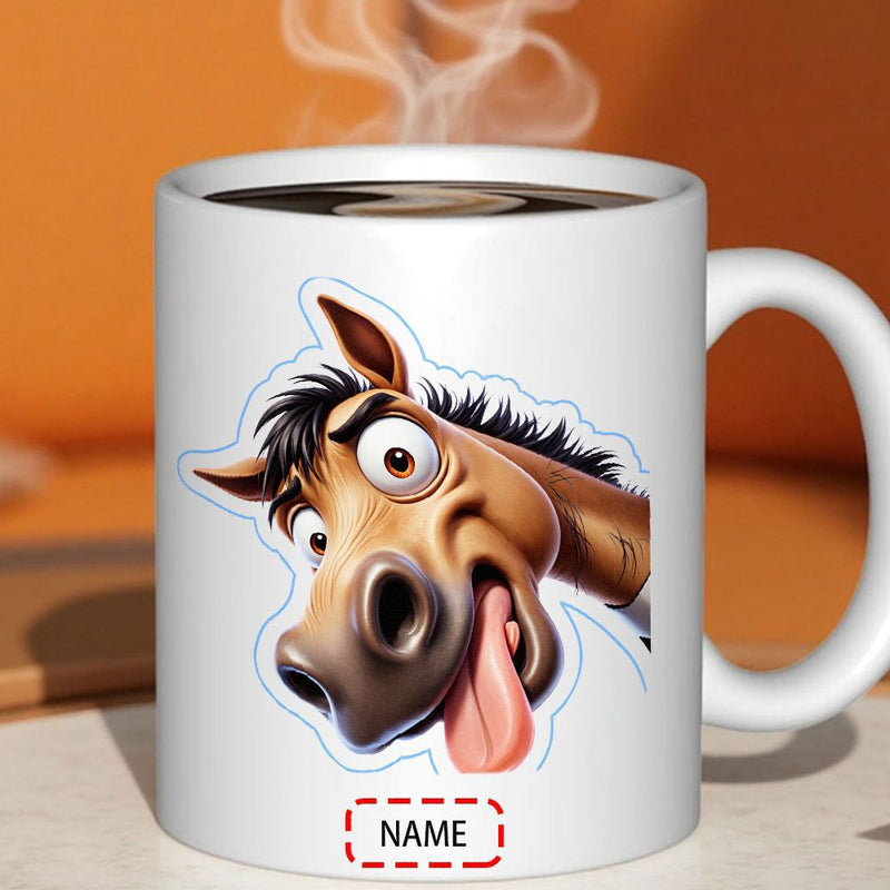 Tailorly White Ceramic 11 oz Mug - Name Silly Brown Cartoon Head With Tongue Hanging Out Funny Horse