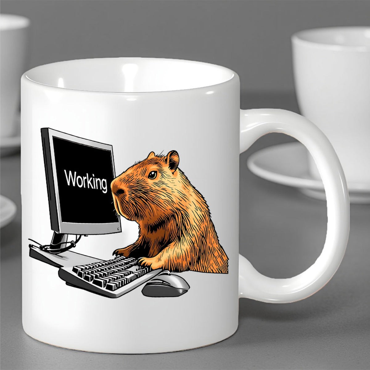 Tailorly White Ceramic 11 oz Mug - Working Focused Capybara Typing On Keyboard At Small Office Desk Capybara