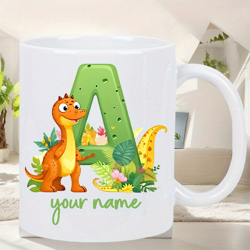 Tailorly White Ceramic 11 oz Mug - Your Name Friendly Orange Creature Standing Among Vibrant Tropical Green Leaves Large Letter Dinosaur