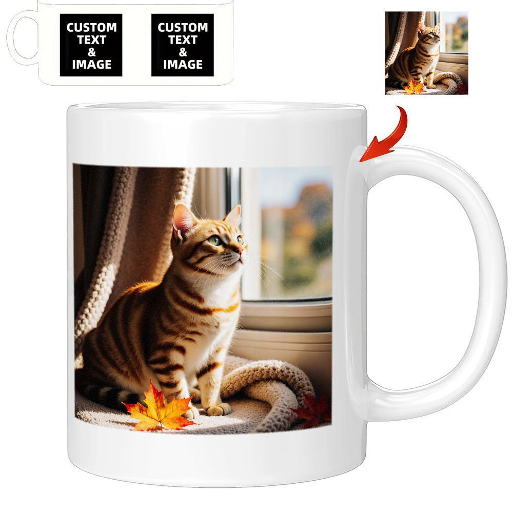 Tailorly White Ceramic 11 oz Mug - Custom Text Image Adorable Tabby Feline Sitting By A Sunlit Window With Leaves Cat