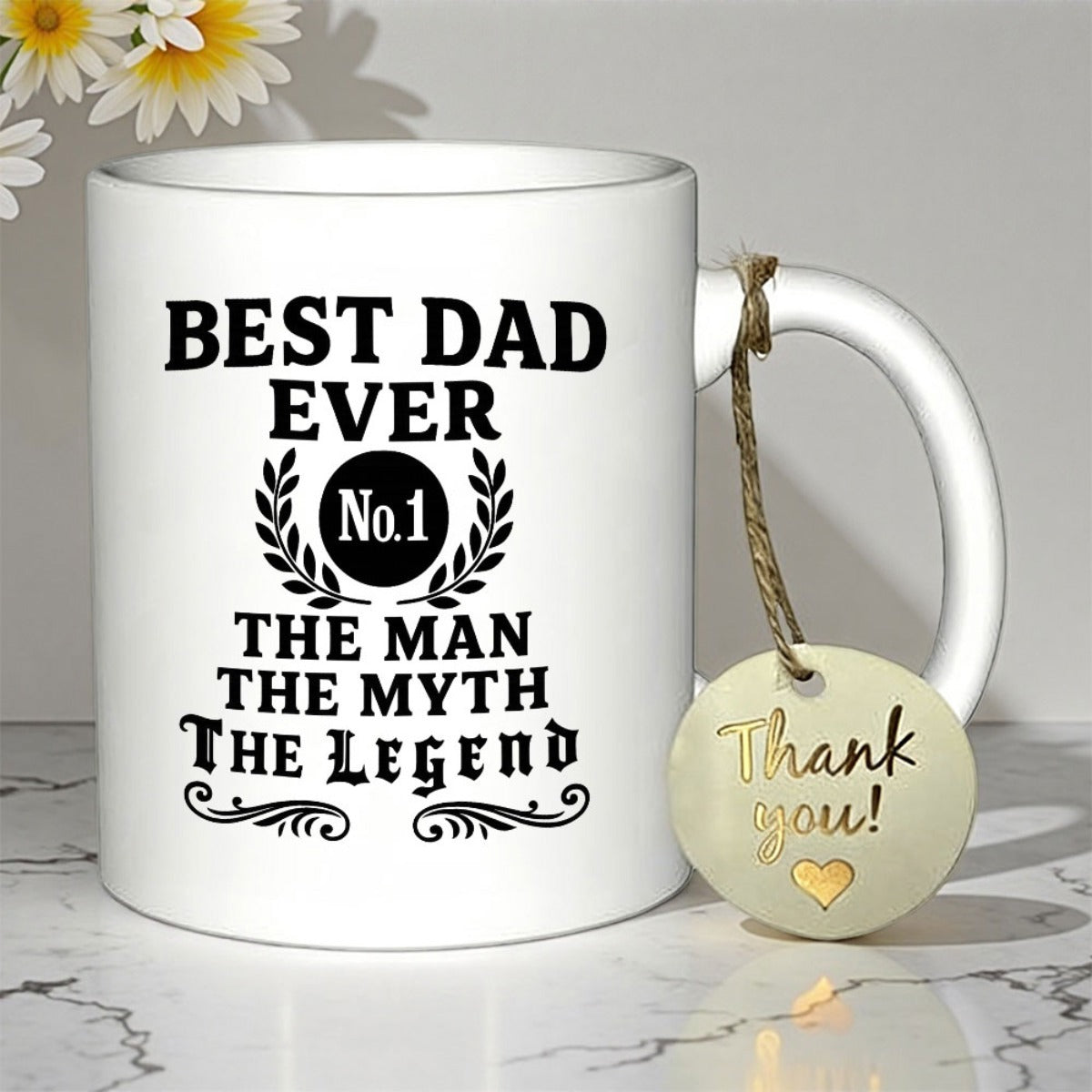 Tailorly White Ceramic 11 oz Mug - Best Dad Ever No 1 The Man The Myth The Legend Classic Laurel Wreath Featuring Decorative Black Swirls And Badge Mug
