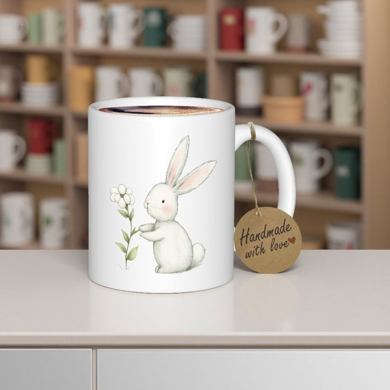 Tailorly White Ceramic 11 oz Mug - Handmade With Love Adorable Watercolor Bunny Holding A Small White Spring Blossom Flower Rabbit