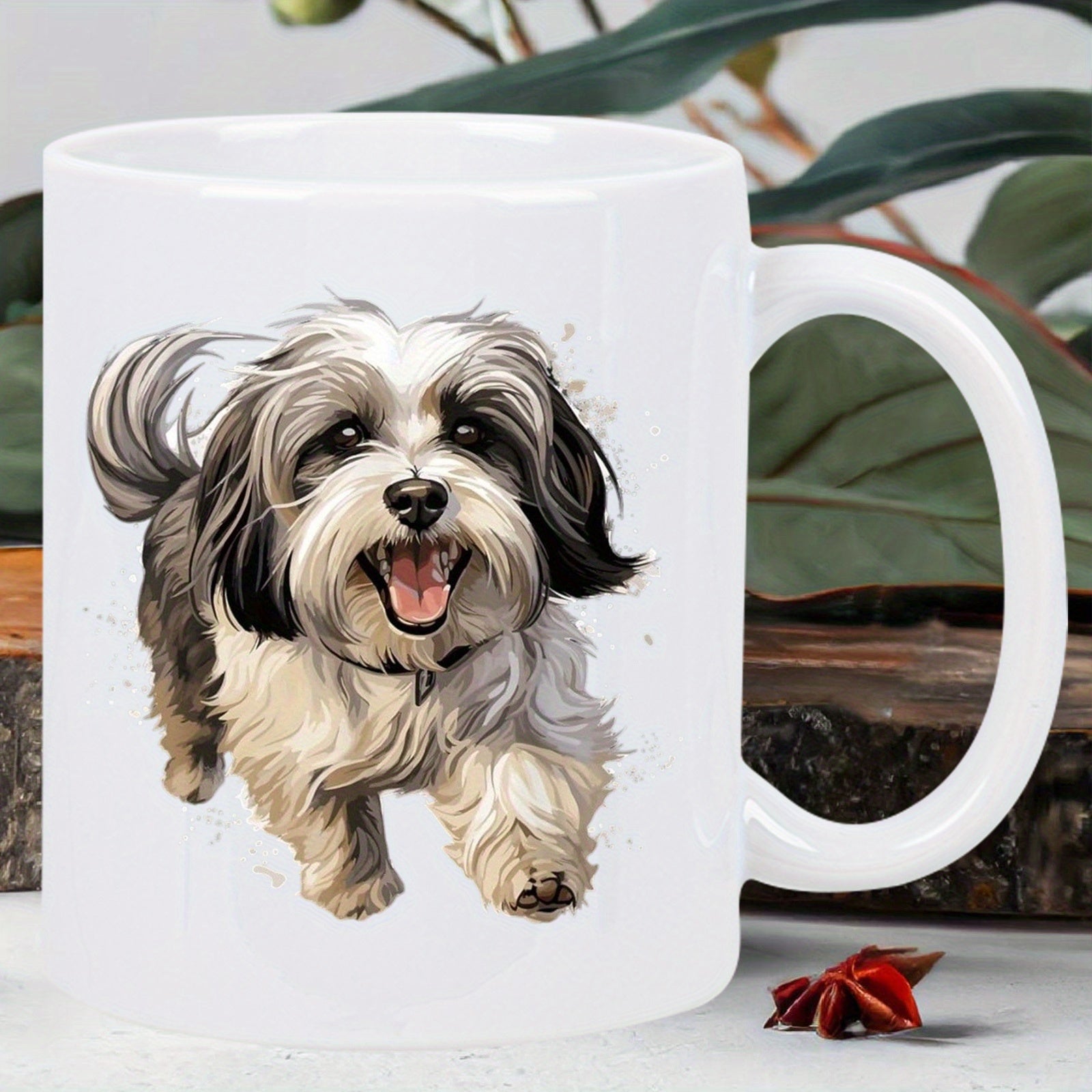 Tailorly White Ceramic 11 oz Mug - Fluffy Small Puppy With Black And White Fur Running Happily Dog