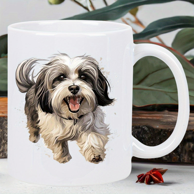 Tailorly White Ceramic 11 oz Mug - Fluffy Small Puppy With Black And White Fur Running Happily Dog