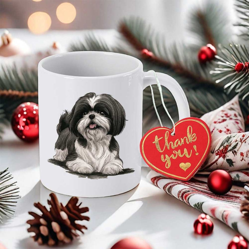Tailorly White Ceramic 11 oz Mug - Thank You Cute Long Haired Black And White Fluffy Sitting Shih Tzu Dog