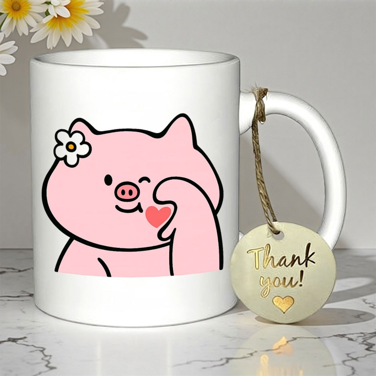 Tailorly White Ceramic 11 oz Mug - Thank You Adorable Pink Cartoon Character Winking And Holding Small Heart Pig