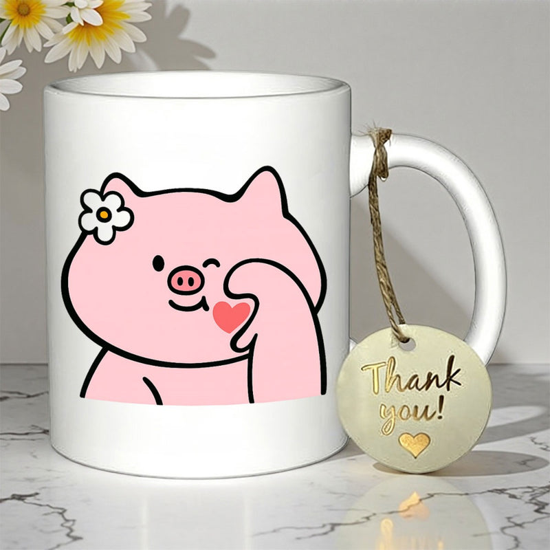 Tailorly White Ceramic 11 oz Mug - Thank You Adorable Pink Cartoon Character Winking And Holding Small Heart Pig