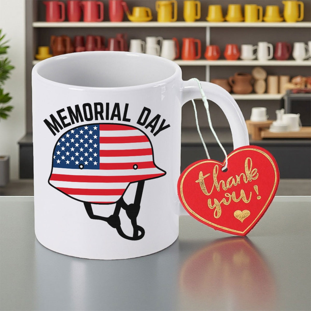 Tailorly White Ceramic 11 oz Mug - Memorial Day Thank You Patriotic Military Combat Helmet Featuring American Flag Stars And Stripes Helmet
