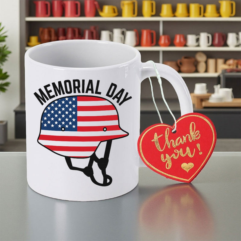 Tailorly White Ceramic 11 oz Mug - Memorial Day Thank You Patriotic Military Combat Helmet Featuring American Flag Stars And Stripes Helmet