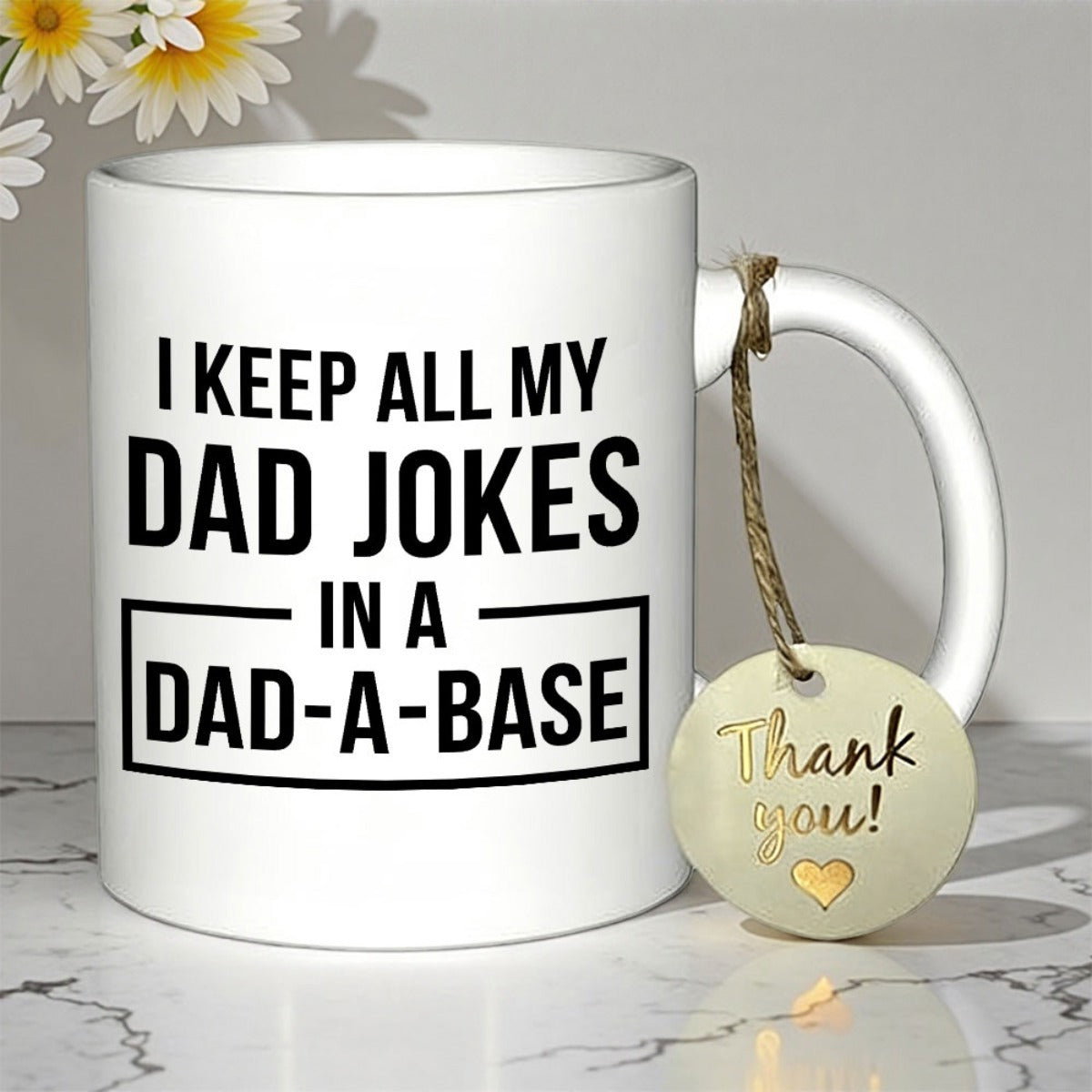 Tailorly White Ceramic 11 oz Mug - I Keep All My Dad Jokes In A Dad A Base Bold Minimalist Typography Within A Clean Modern Rectangular Frame Structured Design