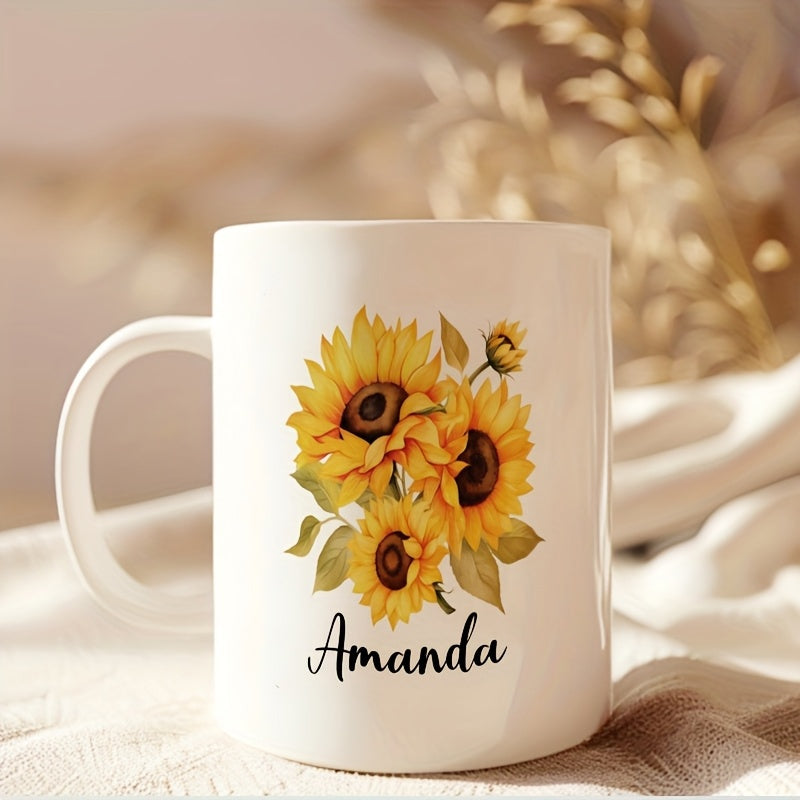 Tailorly White Ceramic 11 oz Mug - Amanda Vibrant Yellow Watercolor Petals With Green Leaves Among Blooming Sunflower