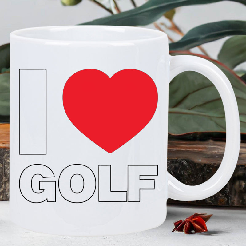 Tailorly White Ceramic 11 oz Mug - I Golf Red Heart Symbol Resting Above Modern Outline Text Depicting The Sport Golf