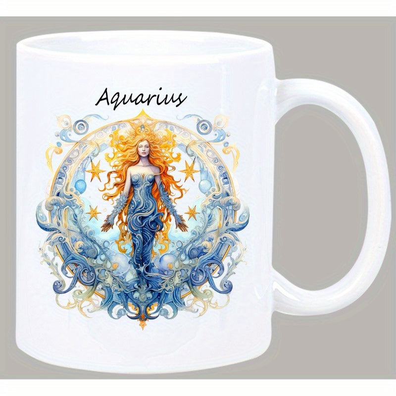 Tailorly White Ceramic 11 oz Mug - Aquarius Majestic Goddess With Flowing Orange Hair Surrounded By Celestial Blue Waves Woman