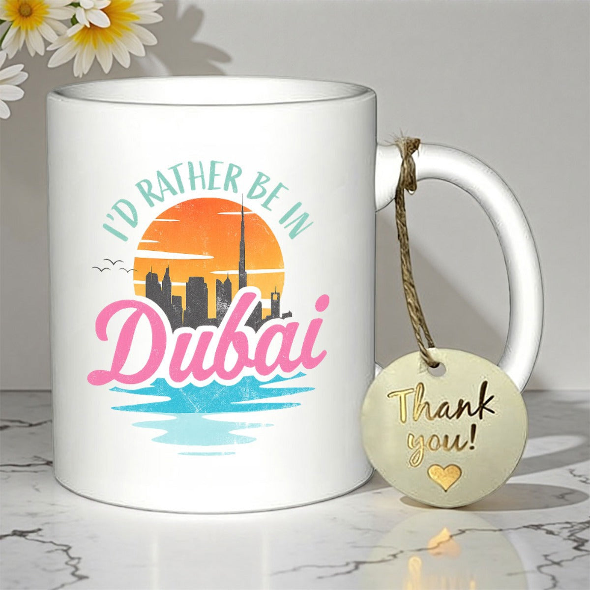 Tailorly White Ceramic 11 oz Mug - Id Rather Be In Dubai Colorful Sunset Cityscape Reflecting Over Peaceful Ocean Surface Skyline