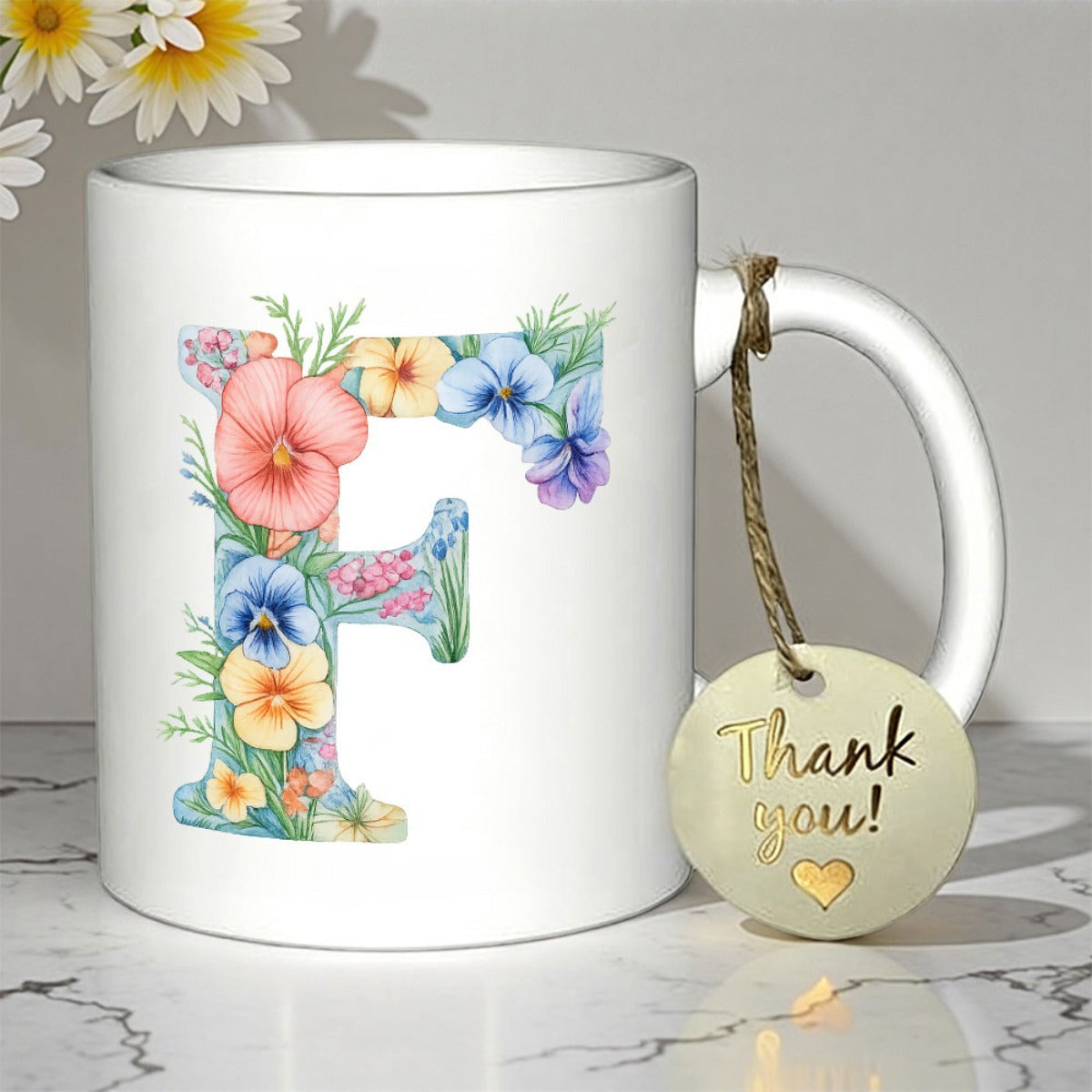 Tailorly White Ceramic 11 oz Mug - Thank You Elegant Watercolor Floral Arrangement Forming A Decorative Capital Script Initial Alphabet