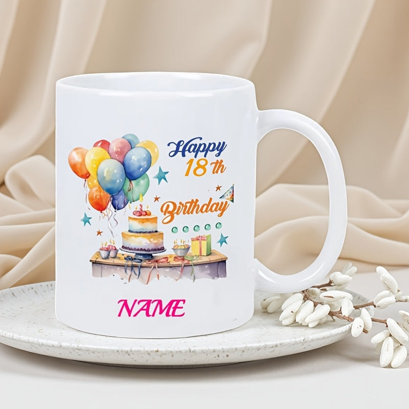 Tailorly White Ceramic 11 oz Mug - Happy 18th Birthday Colorful Floating Balloons With Festive Layered Cake And Twinkling Stars Mug