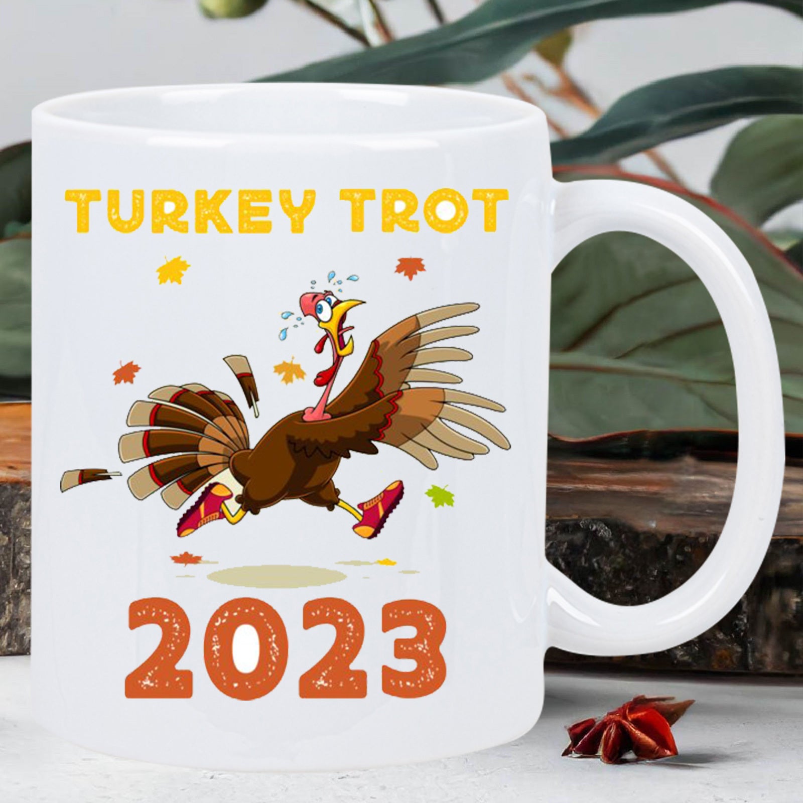 Tailorly White Ceramic 11 oz Mug - Turkey Trot 2023 Funny Cartoon Turkey Running Fast Wearing Sneakers Among Falling Autumn Maple Leaves Turkey