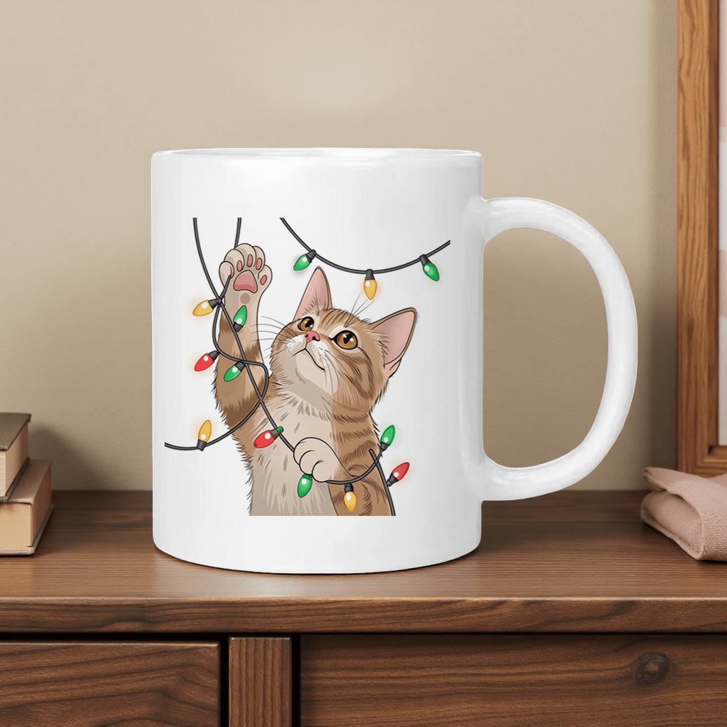Tailorly White Ceramic 11 oz Mug - Playful Tabby Tangled Within Colorful Glowing Festive Holiday String Lights Cat