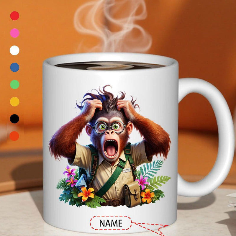 Tailorly White Ceramic 11 oz Mug - Name Funny Stressed Cartoon Ape Wearing Safari Outfit Among Tropical Hibiscus Flowers Monkey