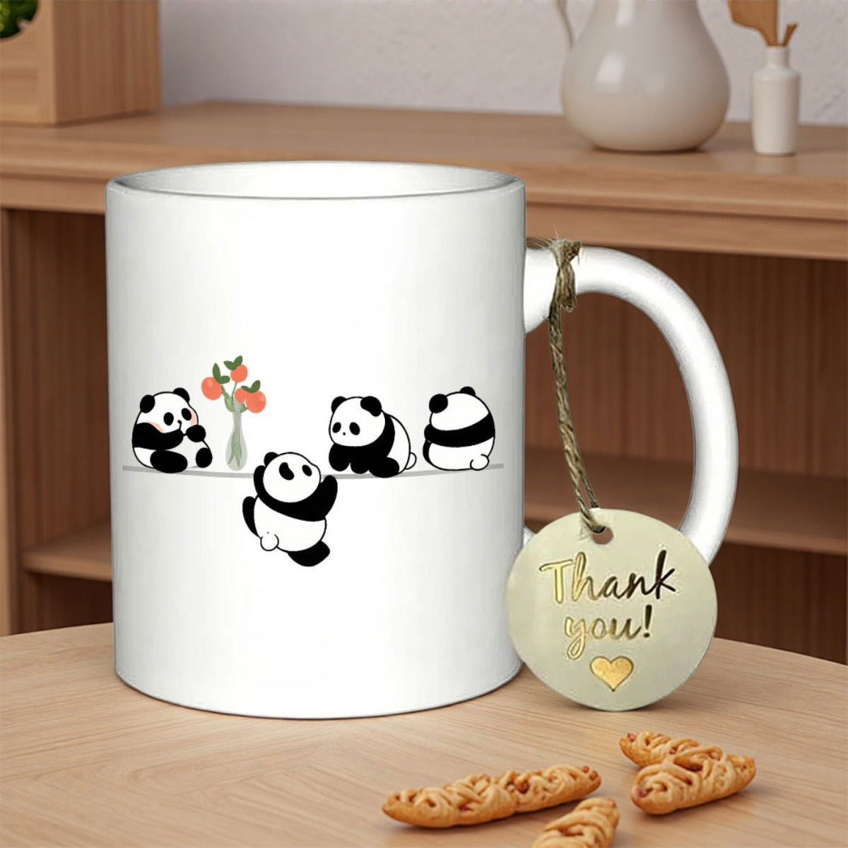 Tailorly White Ceramic 11 oz Mug - Thank You Four Adorable Little Bears Playing Around A Tiny Potted Plant Panda