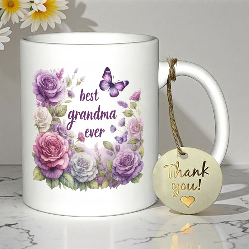 Tailorly White Ceramic 11 oz Mug - Best Grandma Ever Elegant Purple Roses And Delicate Butterflies Dancing Among Soft Green Leaves Rose