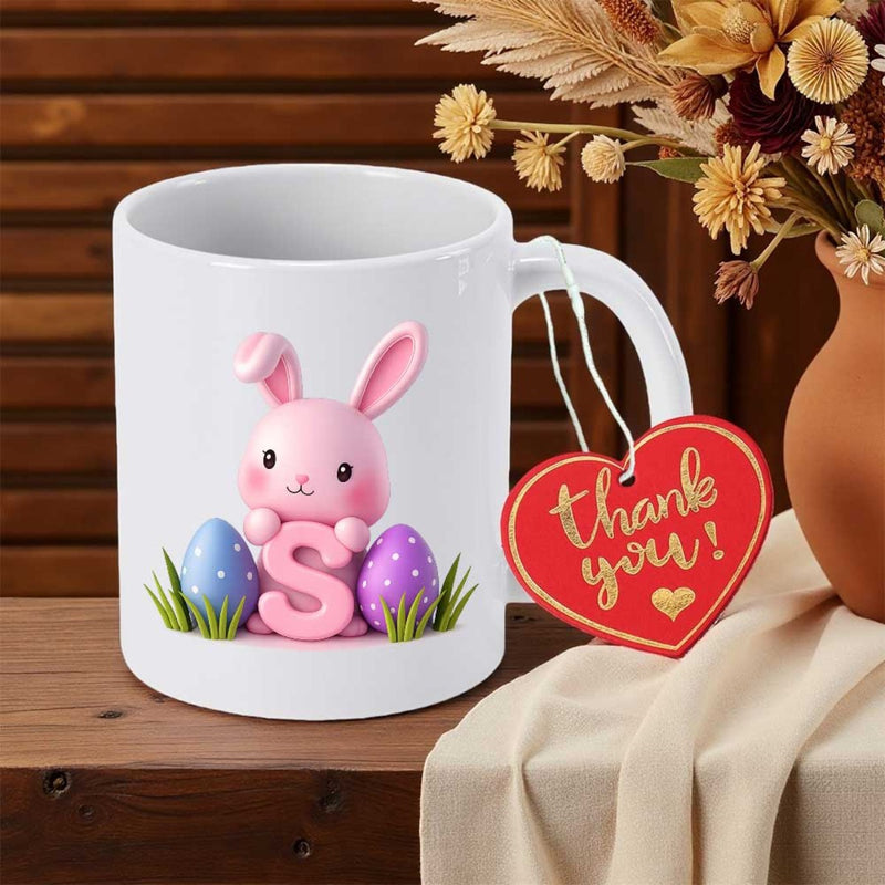Tailorly White Ceramic 11 oz Mug - Thank You Pink Bunny Holding Initial Letter S Among Colorful Easter Eggs Rabbit