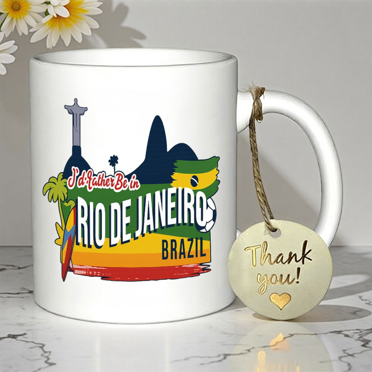 Tailorly White Ceramic 11 oz Mug - Id Rather Be In Rio De Janeiro Brazil Vibrant Tropical Landmarks With Soccer Ball And Colorful Parrot Cityscape