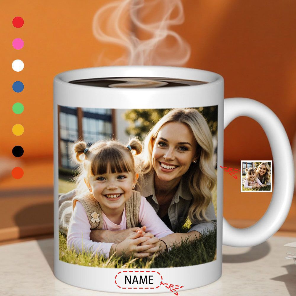 Tailorly White Ceramic 11 oz Mug - NAME Smiling Mother And Young Child Lying In The Green Grass Portrait