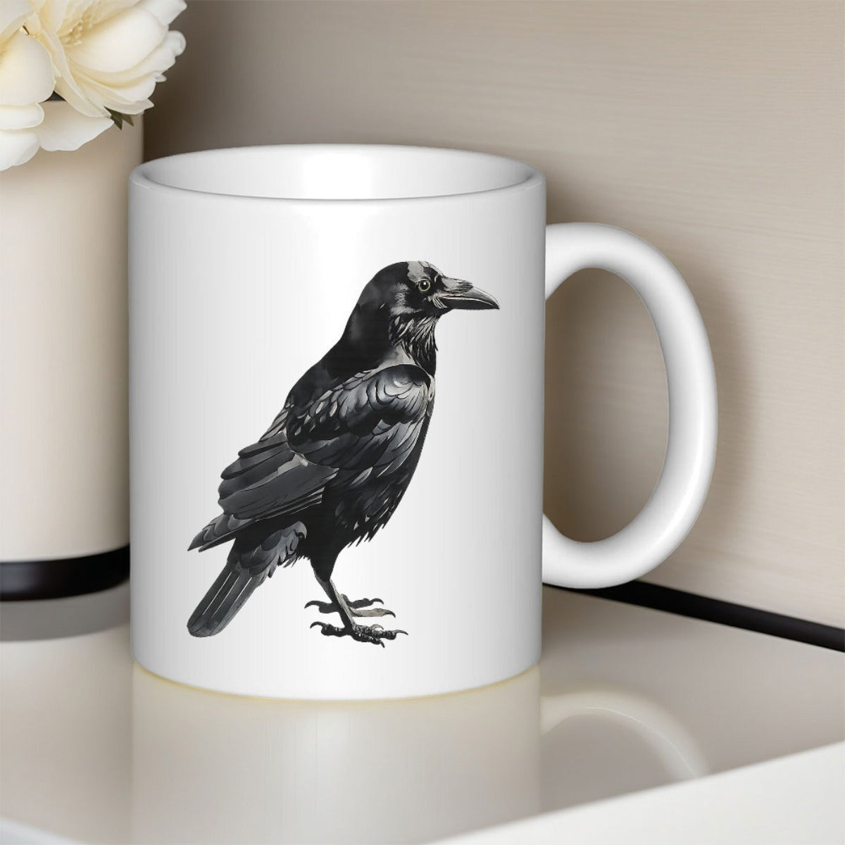 Tailorly White Ceramic 11 oz Mug - Detailed Black Feathers Standing On White Background Gothic Style Realistic Crow